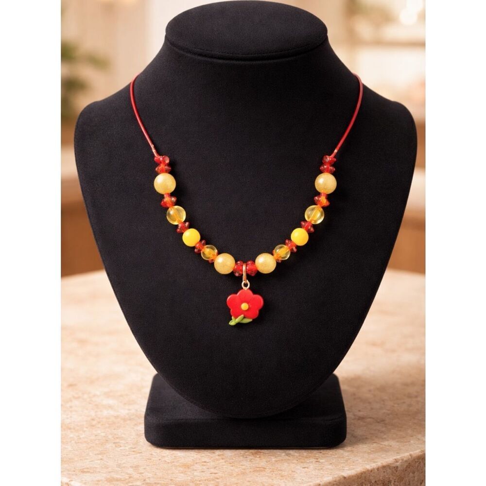 NWOT Toddler/Girls Adjustable Beaded Necklace Flower Pendant Yellow Res - 10-14”